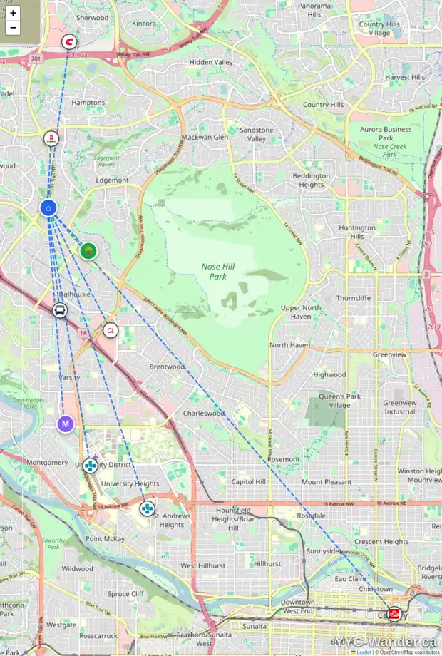 Daily accessibility map for 172 EDGEHILL CL NW, Calgary showing nearby schools, grocery stores, parks, LRT stations and nearby amenities