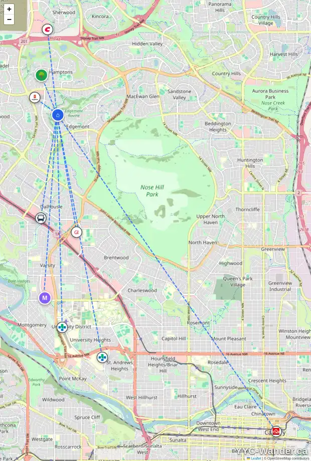 Daily accessibility map for 345 EDGEVIEW PL NW, Calgary showing nearby schools, grocery stores, parks, LRT stations and nearby amenities