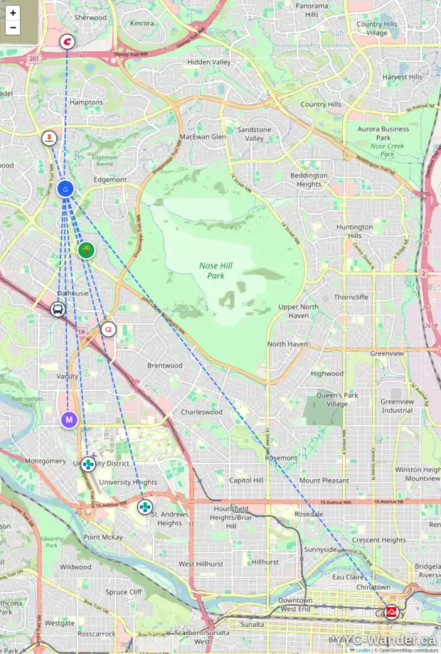 Daily accessibility map for 255 EDGELAND RD NW, Calgary showing nearby schools, grocery stores, parks, LRT stations and nearby amenities