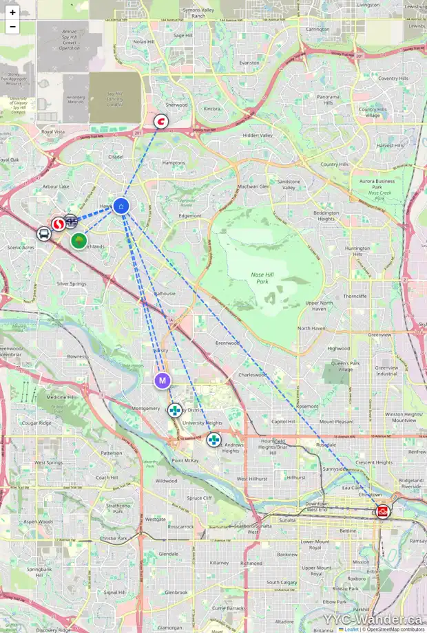 Daily accessibility map for 506 HAWKFORD WY NW, Calgary showing nearby schools, grocery stores, parks, LRT stations and nearby amenities