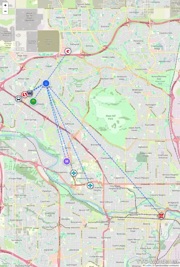 Daily accessibility map for 149 HAWKBURY CL NW, Calgary showing nearby schools, grocery stores, parks, LRT stations and nearby amenities