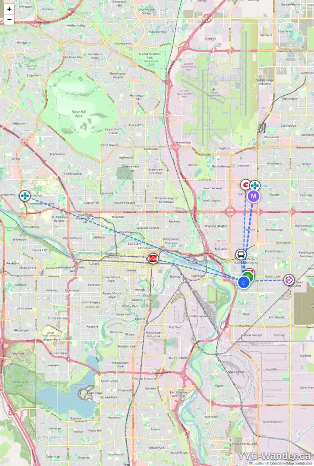 Daily accessibility map for 2007 28 ST SE, Calgary showing nearby schools, grocery stores, parks, LRT stations and nearby amenities