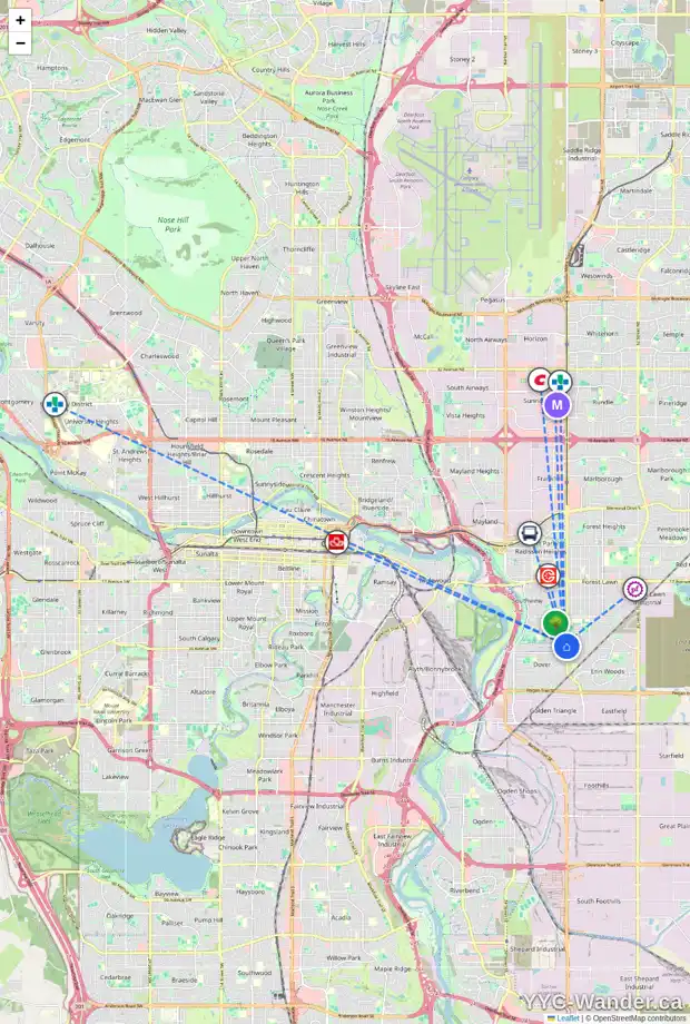 Daily accessibility map for 3456 32A AV SE, Calgary showing nearby schools, grocery stores, parks, LRT stations and nearby amenities