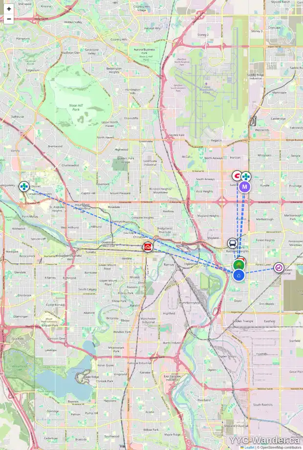 Daily accessibility map for 2037 33 ST SE, Calgary showing nearby schools, grocery stores, parks, LRT stations and nearby amenities