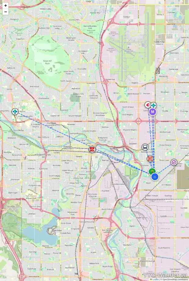 Daily accessibility map for 3456 31A AV SE, Calgary showing nearby schools, grocery stores, parks, LRT stations and nearby amenities
