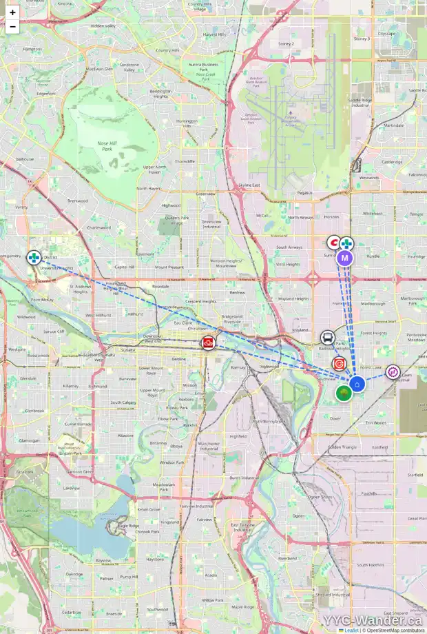 Daily accessibility map for 2411 38 ST SE, Calgary showing nearby schools, grocery stores, parks, LRT stations and nearby amenities