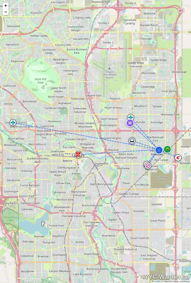 Daily accessibility map for 51 PENSVILLE RD SE, Calgary showing nearby schools, grocery stores, parks, LRT stations and nearby amenities
