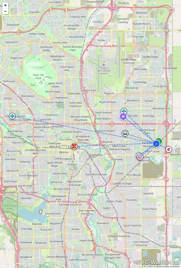 Daily accessibility map for 6831 4 AV SE, Calgary showing nearby schools, grocery stores, parks, LRT stations and nearby amenities
