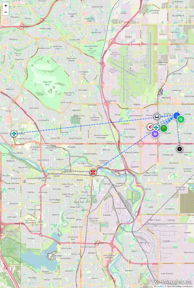 Daily accessibility map for 223 WHITESIDE CR NE, Calgary showing nearby schools, grocery stores, parks, LRT stations and nearby amenities