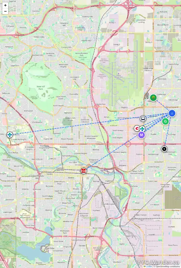 Daily accessibility map for 55 4360 58 ST NE, Calgary showing nearby schools, grocery stores, parks, LRT stations and nearby amenities