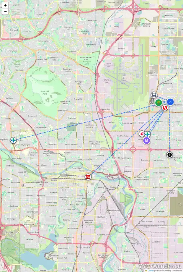 Daily accessibility map for 95 CASTLEGLEN CR NE, Calgary showing nearby schools, grocery stores, parks, LRT stations and nearby amenities