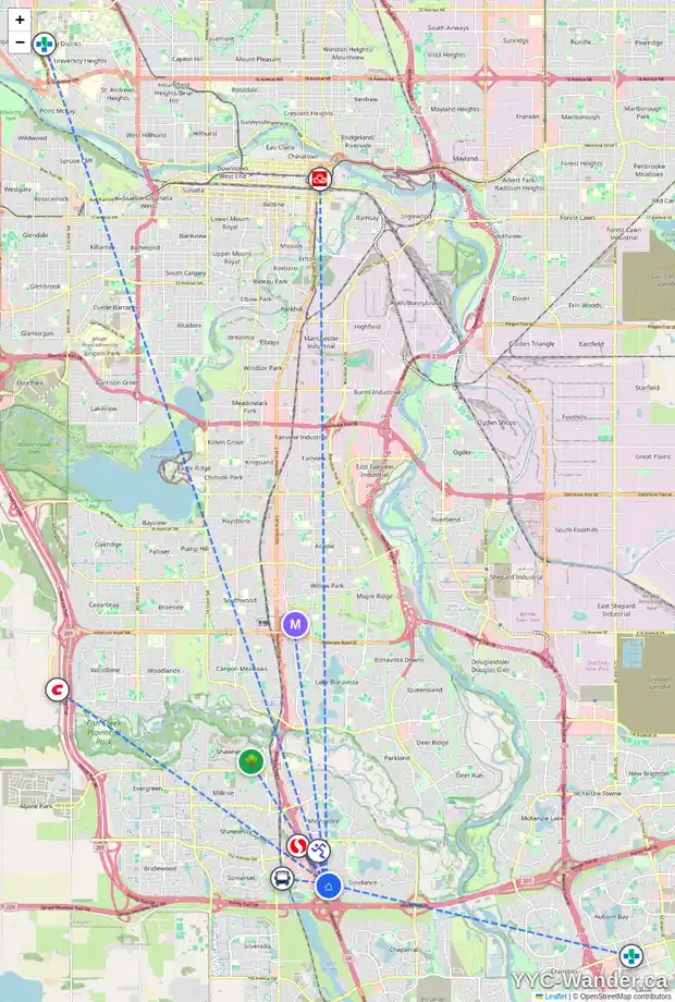 Daily accessibility map for 42 SUNDOWN CL SE, Calgary showing nearby schools, grocery stores, parks, LRT stations and nearby amenities