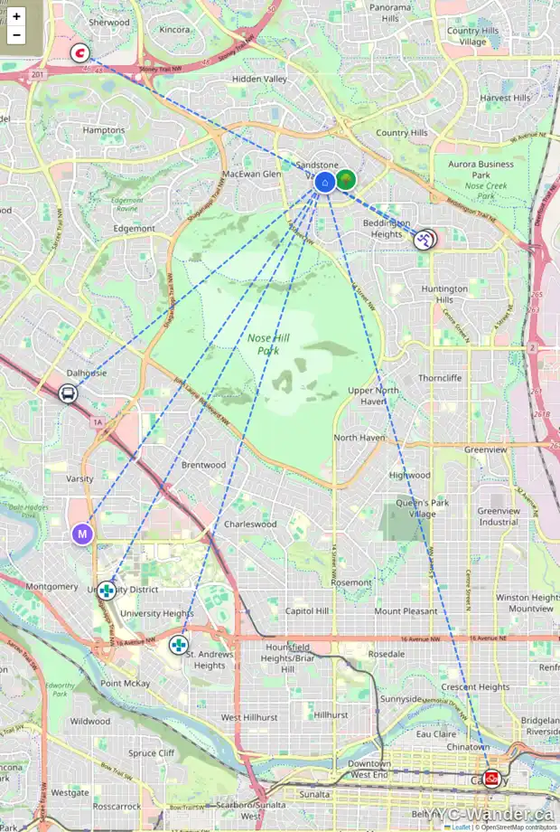 Daily accessibility map for 236 SANDPIPER CI NW, Calgary showing nearby schools, grocery stores, parks, LRT stations and nearby amenities
