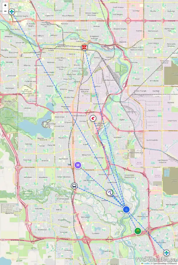 Daily accessibility map for 15012 DEER RUN DR SE, Calgary showing nearby schools, grocery stores, parks, LRT stations and nearby amenities