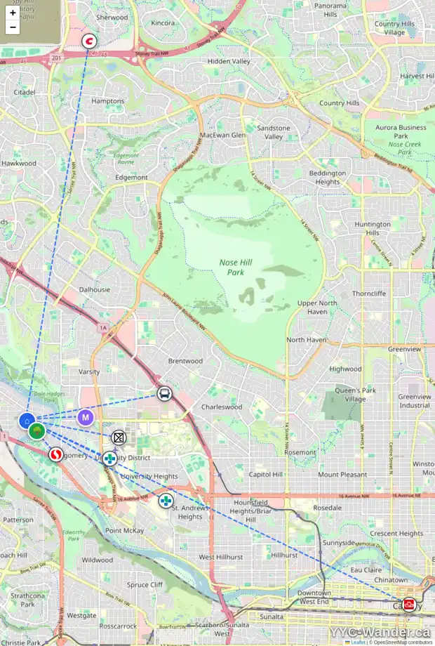 Daily accessibility map for 6136 32 AV NW, Calgary showing nearby schools, grocery stores, parks, LRT stations and nearby amenities