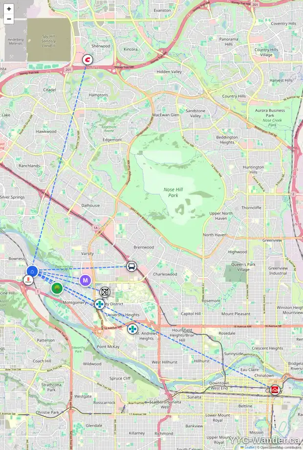 Daily accessibility map for 3628 67 ST NW, Calgary showing nearby schools, grocery stores, parks, LRT stations and nearby amenities