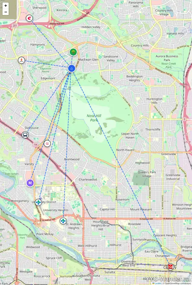 Daily accessibility map for 59 EDGEBROOK CI NW, Calgary showing nearby schools, grocery stores, parks, LRT stations and nearby amenities