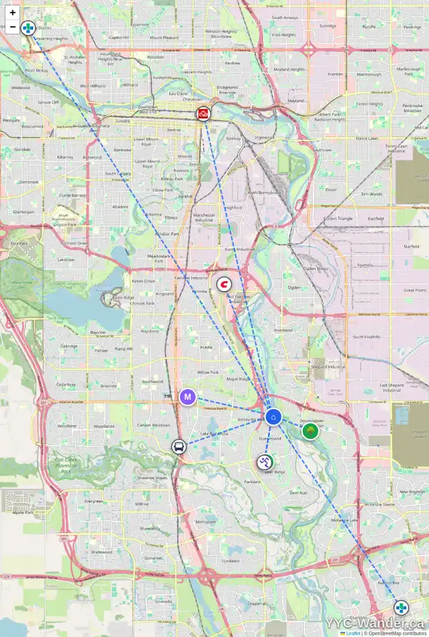 Daily accessibility map for 142 DIAMOND DR SE, Calgary showing nearby schools, grocery stores, parks, LRT stations and nearby amenities