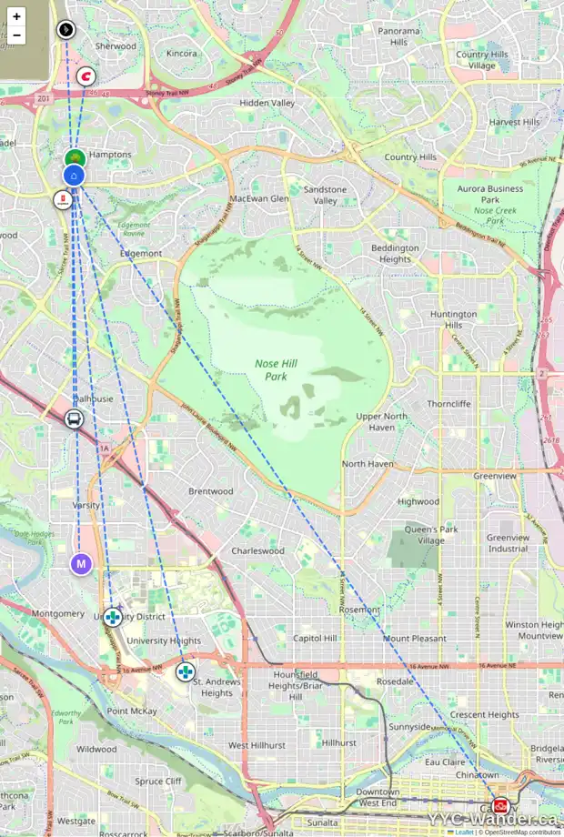 Daily accessibility map for 18 HAMPSHIRE CI NW, Calgary showing nearby schools, grocery stores, parks, LRT stations and nearby amenities