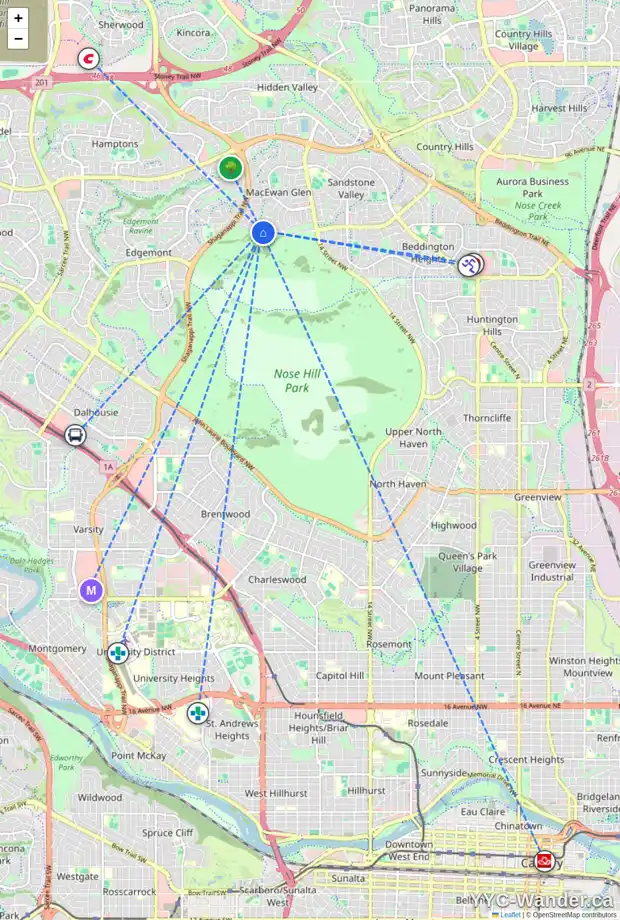 Daily accessibility map for 84 MACEWAN PARK VW NW, Calgary showing nearby schools, grocery stores, parks, LRT stations and nearby amenities