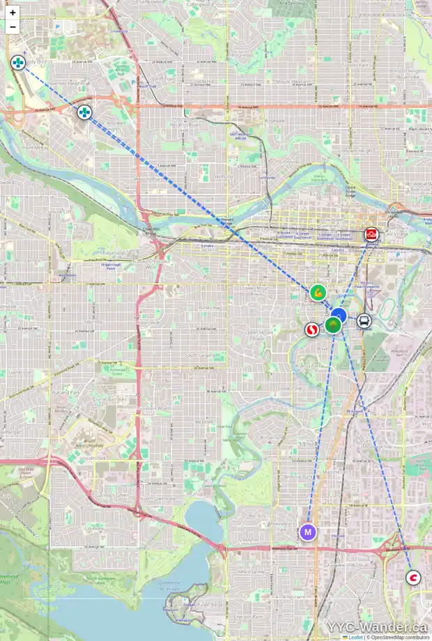 Daily accessibility map for 204 2204 1 ST SW, Calgary showing nearby schools, grocery stores, parks, LRT stations and nearby amenities