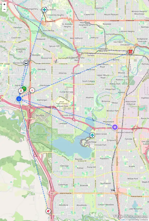 Daily accessibility map for 23 SIERRA MORENA CL SW, Calgary showing nearby schools, grocery stores, parks, LRT stations and nearby amenities