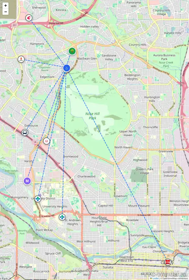 Daily accessibility map for 96 EDGEBROOK RI NW, Calgary showing nearby schools, grocery stores, parks, LRT stations and nearby amenities
