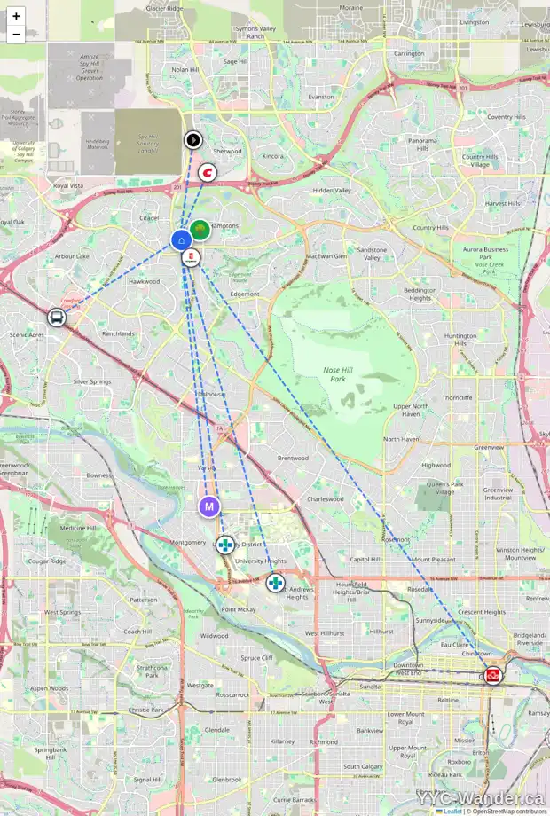 Daily accessibility map for 124 HAMPSHIRE GV NW, Calgary showing nearby schools, grocery stores, parks, LRT stations and nearby amenities
