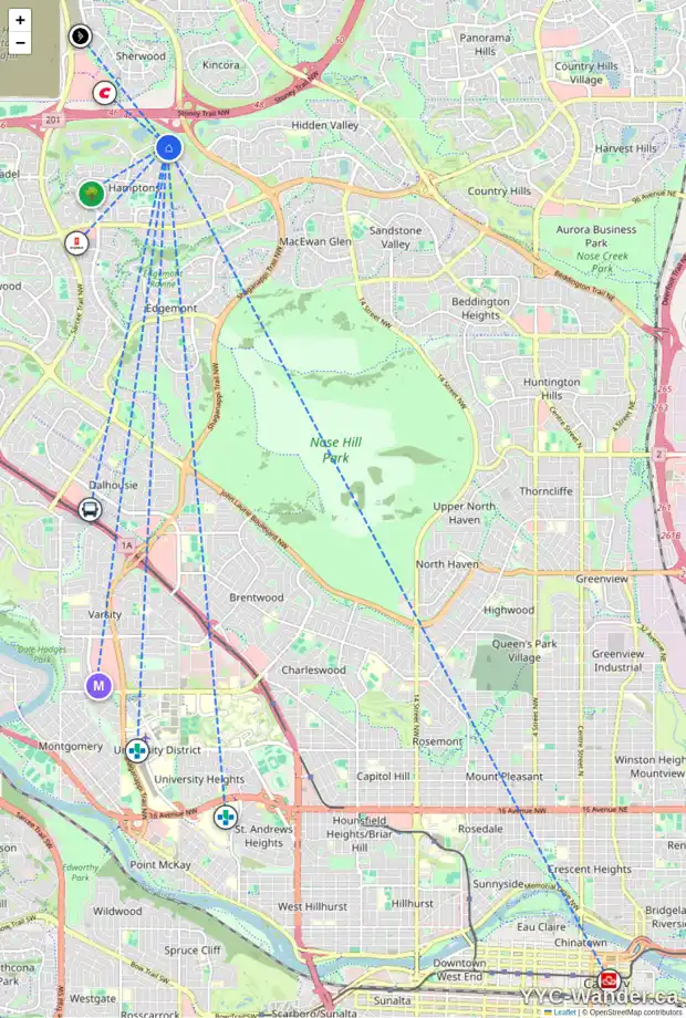 Daily accessibility map for 15 HAMPTONS BA NW, Calgary showing nearby schools, grocery stores, parks, LRT stations and nearby amenities