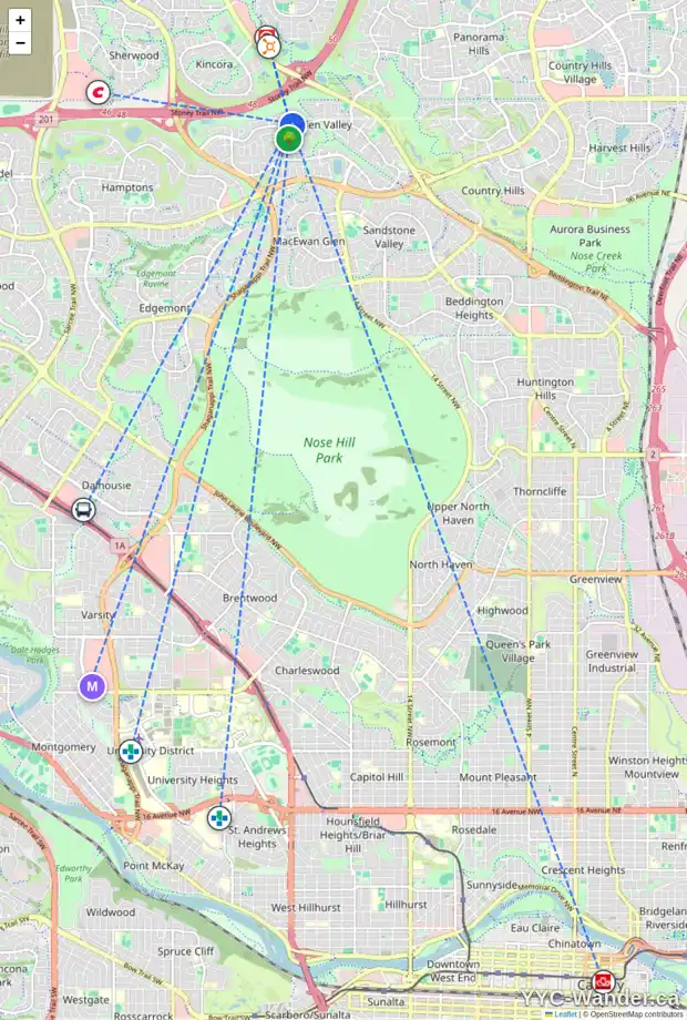 Daily accessibility map for 20 HIDDEN RANCH CR NW, Calgary showing nearby schools, grocery stores, parks, LRT stations and nearby amenities