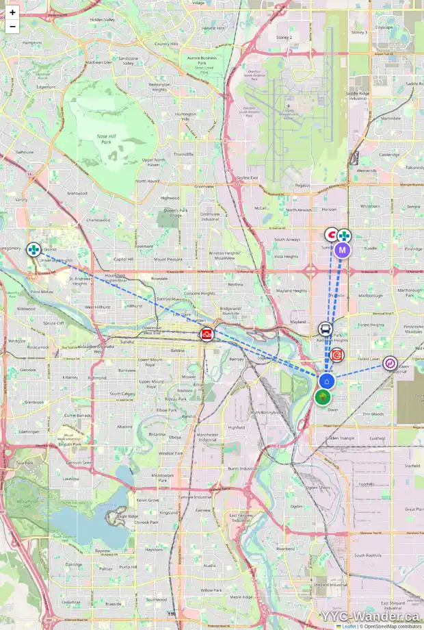 Daily accessibility map for 2542 26 ST SE, Calgary showing nearby schools, grocery stores, parks, LRT stations and nearby amenities