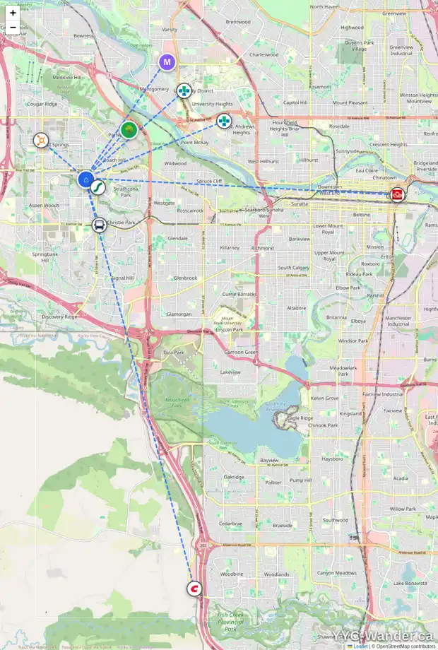 Daily accessibility map for 1309 STRATHCONA DR SW, Calgary showing nearby schools, grocery stores, parks, LRT stations and nearby amenities