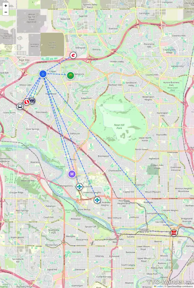 Daily accessibility map for 86 CITADEL RIDGE GR NW, Calgary showing nearby schools, grocery stores, parks, LRT stations and nearby amenities