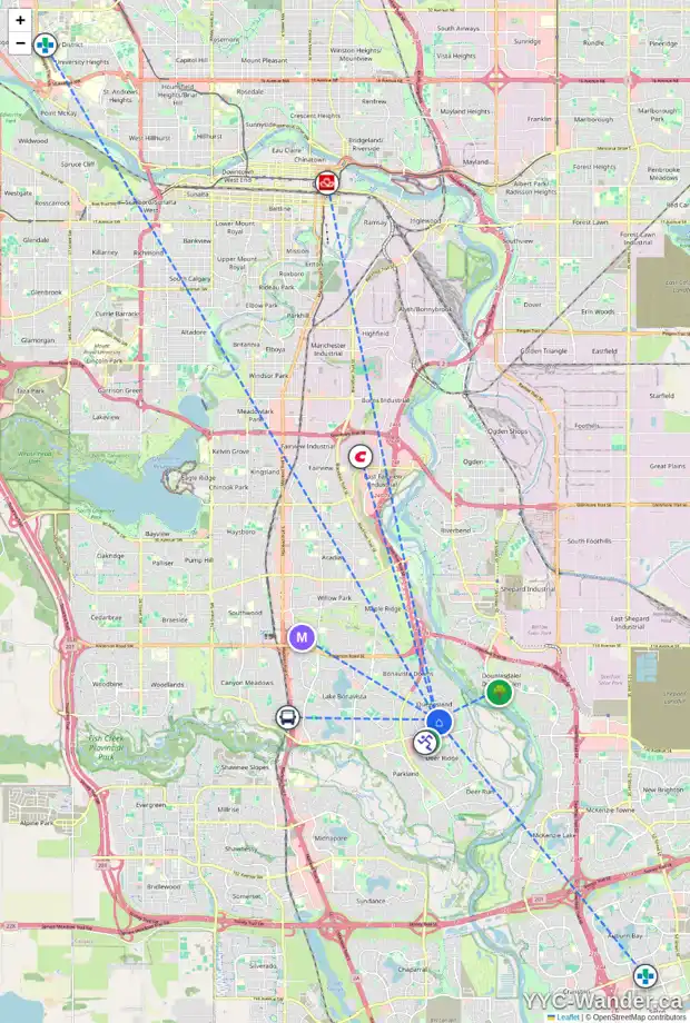 Daily accessibility map for 216 QUEEN CHARLOTTE WY SE, Calgary showing nearby schools, grocery stores, parks, LRT stations and nearby amenities