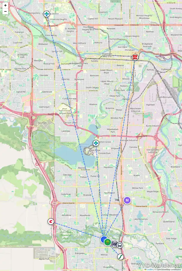 Daily accessibility map for 955 SHAWNEE DR SW, Calgary showing nearby schools, grocery stores, parks, LRT stations and nearby amenities
