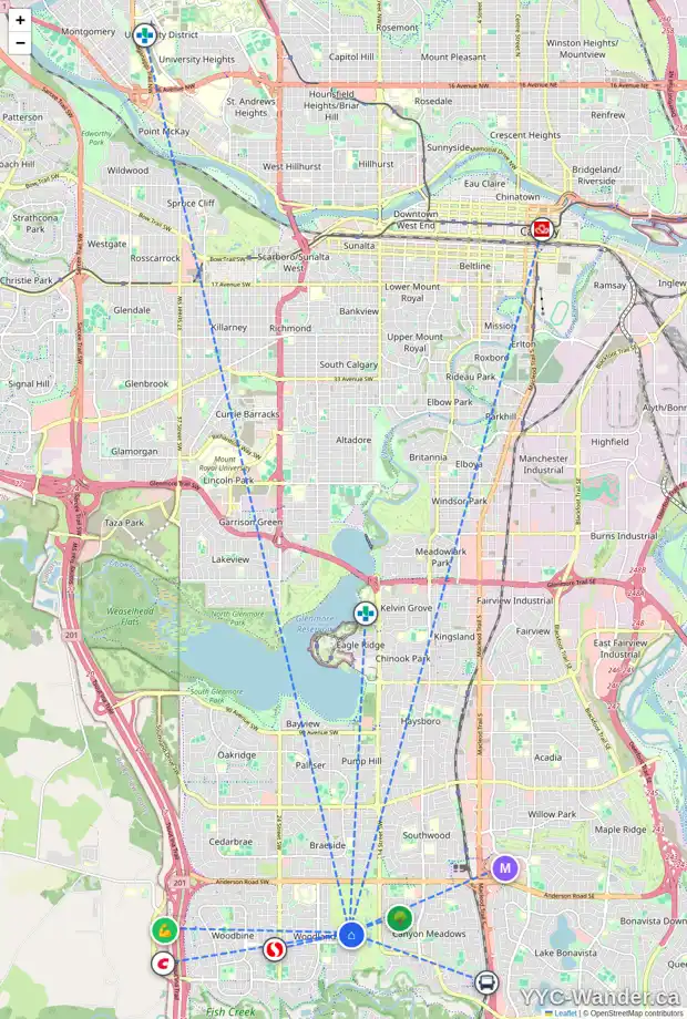 Daily accessibility map for 12316 17 ST SW, Calgary showing nearby schools, grocery stores, parks, LRT stations and nearby amenities