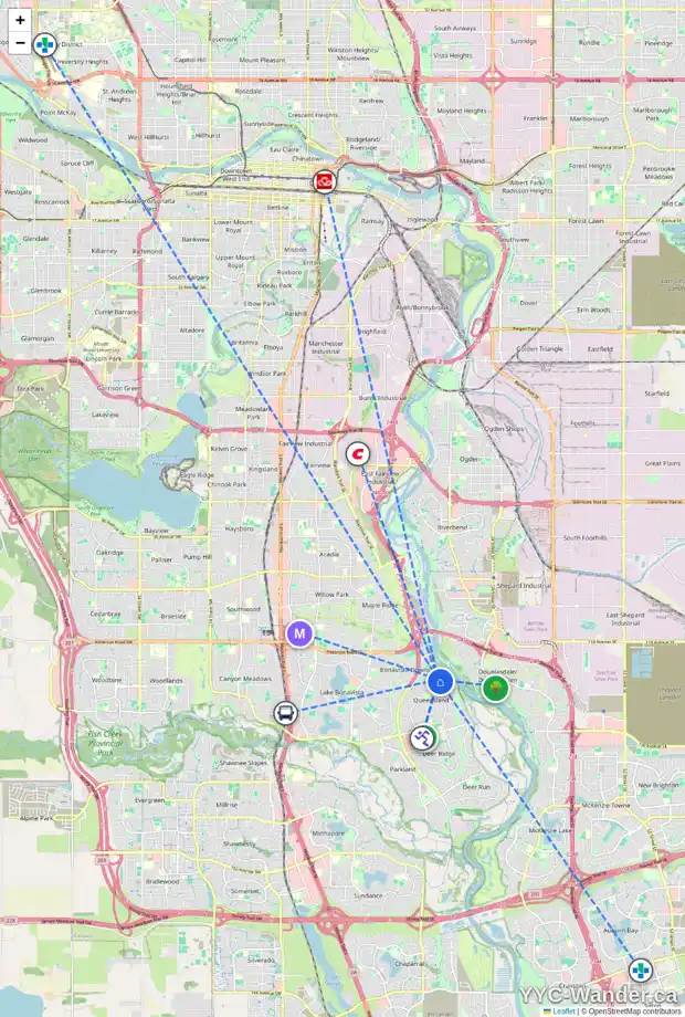 Daily accessibility map for 472 QUEENSLAND CI SE, Calgary showing nearby schools, grocery stores, parks, LRT stations and nearby amenities