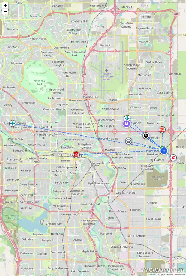 Daily accessibility map for 36 ABBERCOVE RD SE, Calgary showing nearby schools, grocery stores, parks, LRT stations and nearby amenities