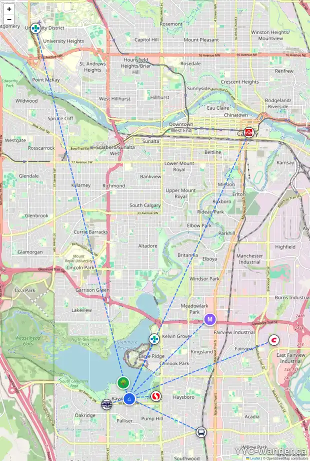 Daily accessibility map for 8960 BAY RIDGE DR SW, Calgary showing nearby schools, grocery stores, parks, LRT stations and nearby amenities