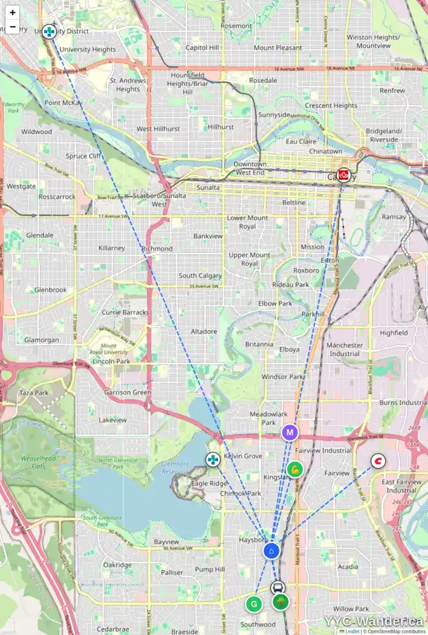 Daily accessibility map for 23 HARROW CR SW, Calgary showing nearby schools, grocery stores, parks, LRT stations and nearby amenities