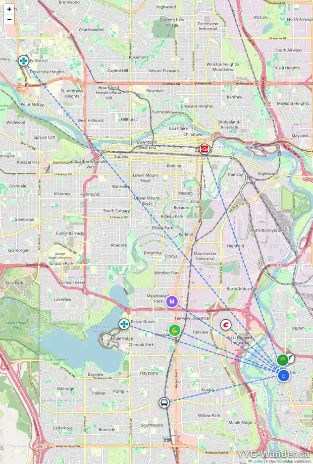 Daily accessibility map for 128 RIVERVALLEY CR SE, Calgary showing nearby schools, grocery stores, parks, LRT stations and nearby amenities
