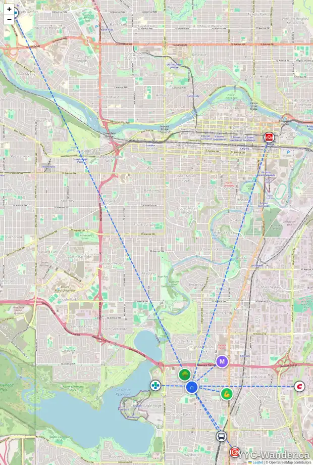 Daily accessibility map for 948 KERFOOT CR SW, Calgary showing nearby schools, grocery stores, parks, LRT stations and nearby amenities