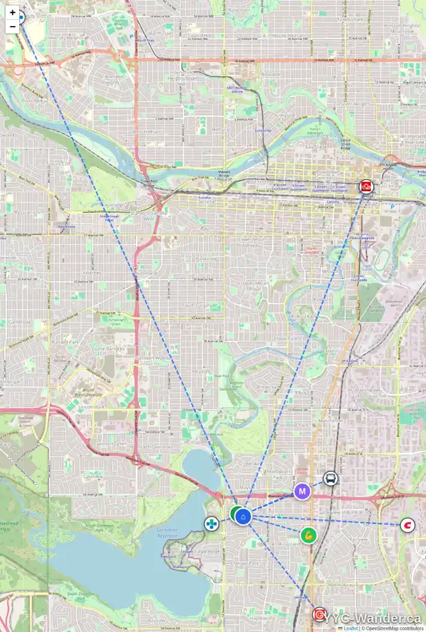 Daily accessibility map for 7028 KENNEDY DR SW, Calgary showing nearby schools, grocery stores, parks, LRT stations and nearby amenities