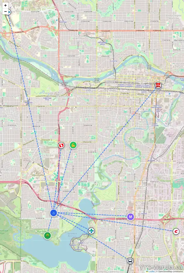 Daily accessibility map for 2720 LIONEL CR SW, Calgary showing nearby schools, grocery stores, parks, LRT stations and nearby amenities