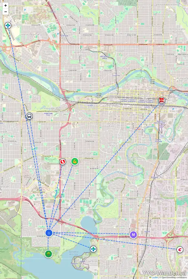 Daily accessibility map for 2936 LINDSAY DR SW, Calgary showing nearby schools, grocery stores, parks, LRT stations and nearby amenities