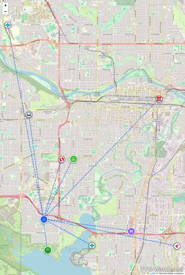 Daily accessibility map for 3114 LEDUC CR SW, Calgary showing nearby schools, grocery stores, parks, LRT stations and nearby amenities