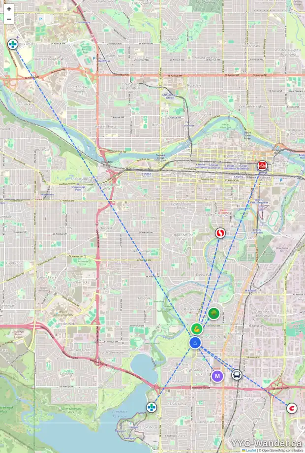 Daily accessibility map for 7 5501 ELBOW DR SW, Calgary showing nearby schools, grocery stores, parks, LRT stations and nearby amenities
