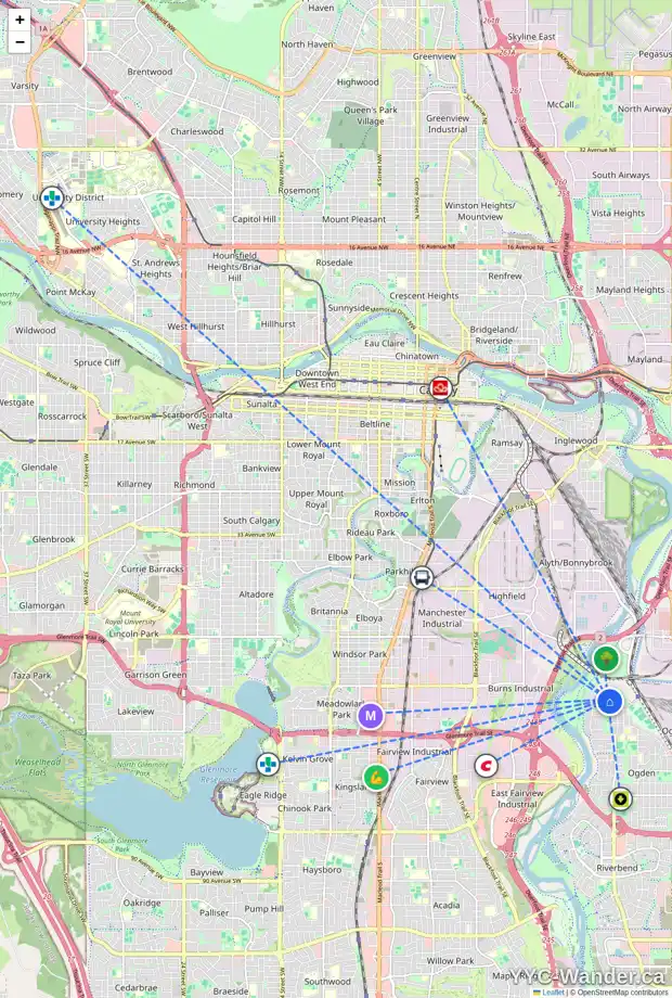 Daily accessibility map for 6202 17A ST SE, Calgary showing nearby schools, grocery stores, parks, LRT stations and nearby amenities