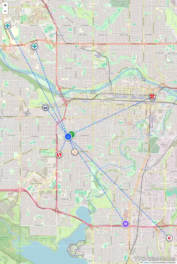 Daily accessibility map for 2127 26 AV SW, Calgary showing nearby schools, grocery stores, parks, LRT stations and nearby amenities
