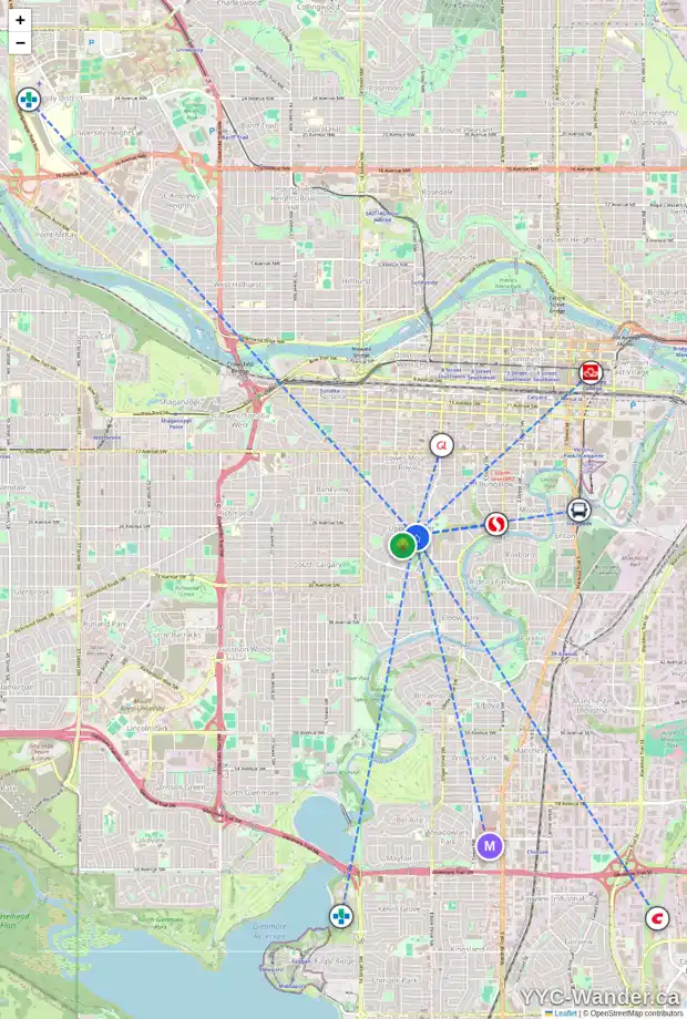 Daily accessibility map for 2704 10 ST SW, Calgary showing nearby schools, grocery stores, parks, LRT stations and nearby amenities